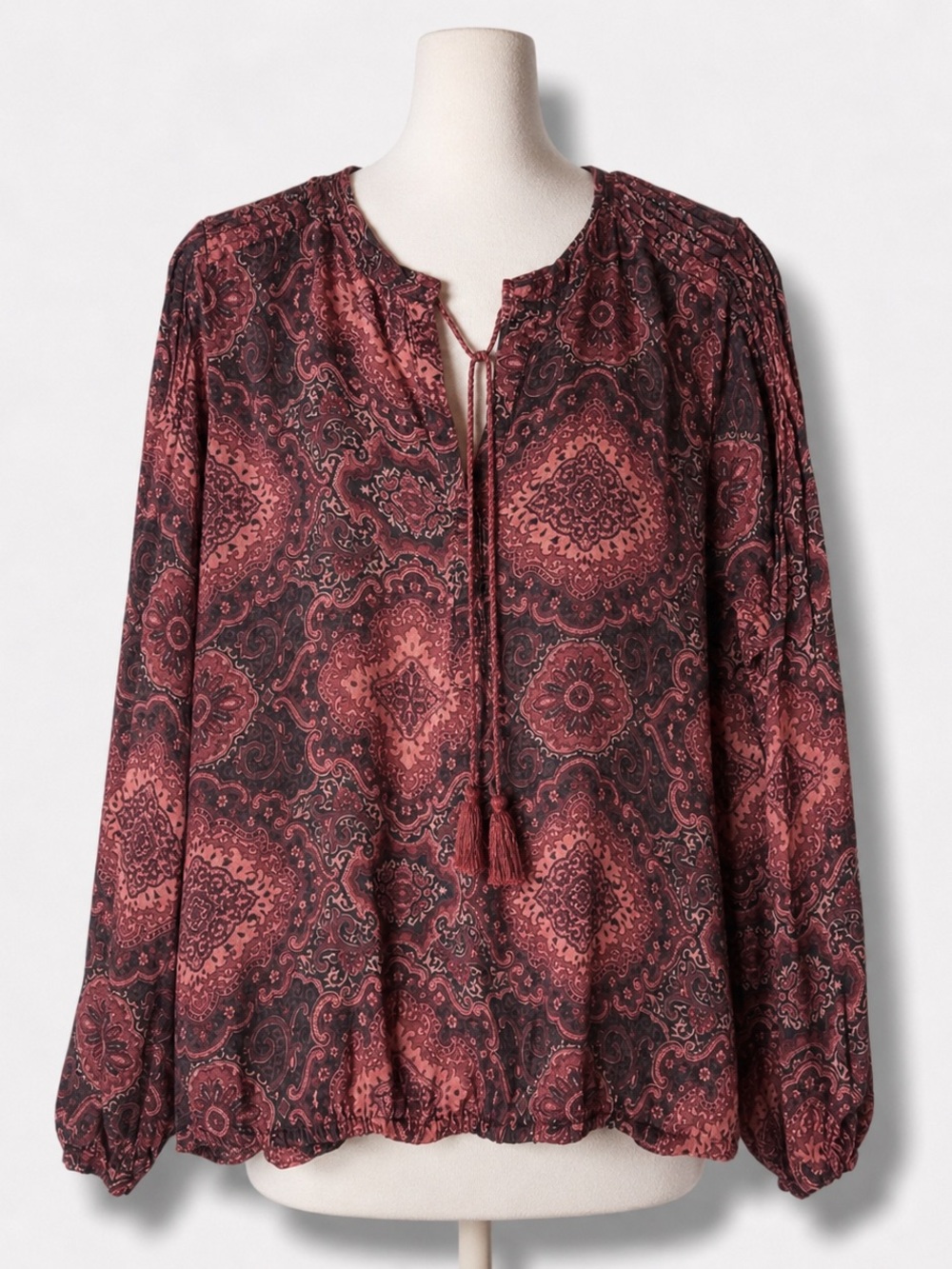 Lucky Brand Floral Print Tassel Tie Blouse Size L Boho Burgundy Mandala Pleated